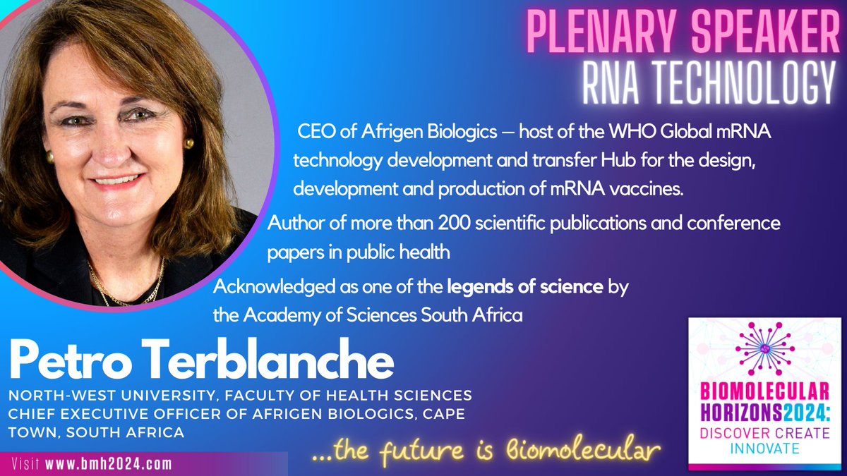 There will be a dedicated day focused on RNA Technology at Biomolecular Horizons, featuring Plenary speaker, CEO of Afrigen Biologics
@PetroTerblanche Join us at #BMH2024 in Melbourne 22-26 Sept 2024 #Africa #Medicine #Science #LMICs
🐦 early bird registration closes 31st May! 🚨