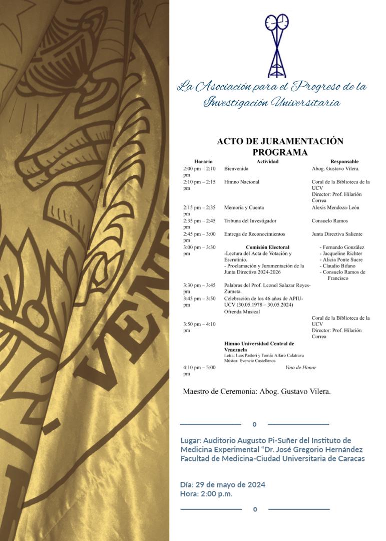 Mañana es el acto de instalación de la nueva junta de la Asociación para el Progreso de la Investigación Universitaria. Se realiza en el Edificio del Instituto de Medicina Experimental. PB al lado del Auditorio Augusto Pi Suñer. Facultad de Medicina. UCV