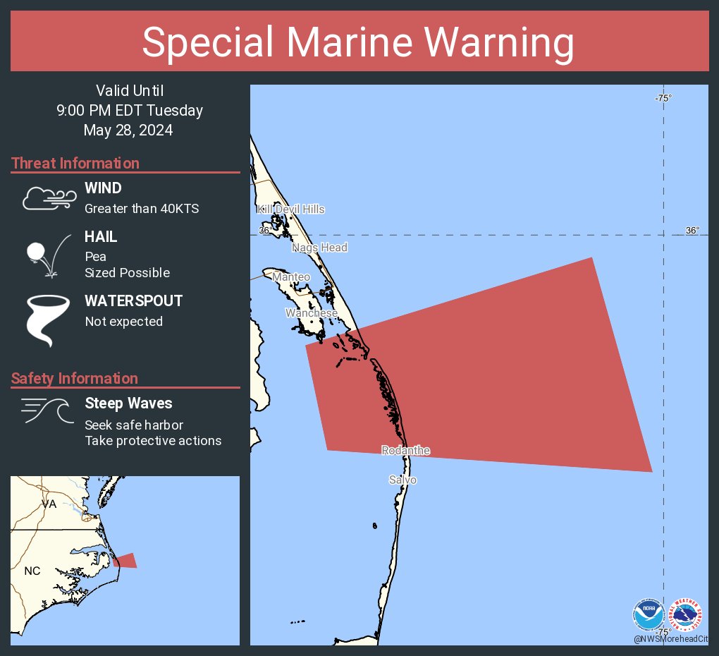 Special Marine Warning including the Pamlico Sound, Waters from Oregon Inlet to Cape Hatteras NC from 20 to 40 nm, S of Oregon Inlet NC to Cape Hatteras NC out to 20 nm and S of Currituck Beach Light NC to Oregon Inlet NC out to 20 nm until 9:00 PM EDT