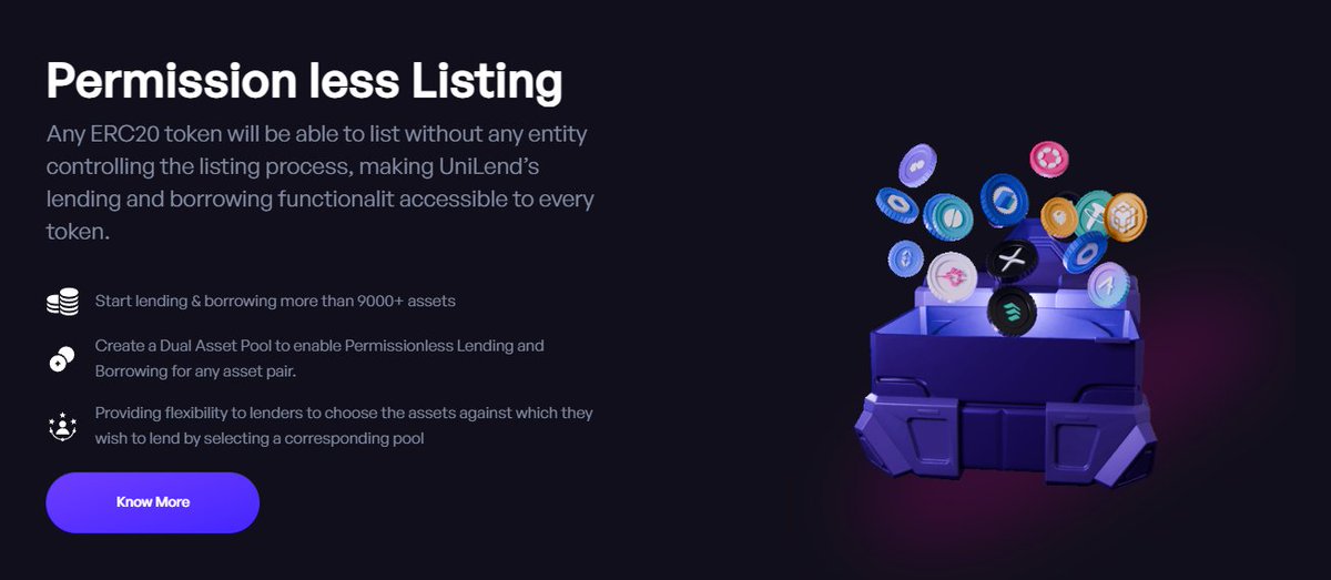 Any ERC20 token will be able to list without any entity controlling the listing process, making @UniLend_Finance lending and borrowing functionality accessible to every token. ✨Start lending & borrowing more than 9000+ assets ✨Create a Dual Asset Pool to enable