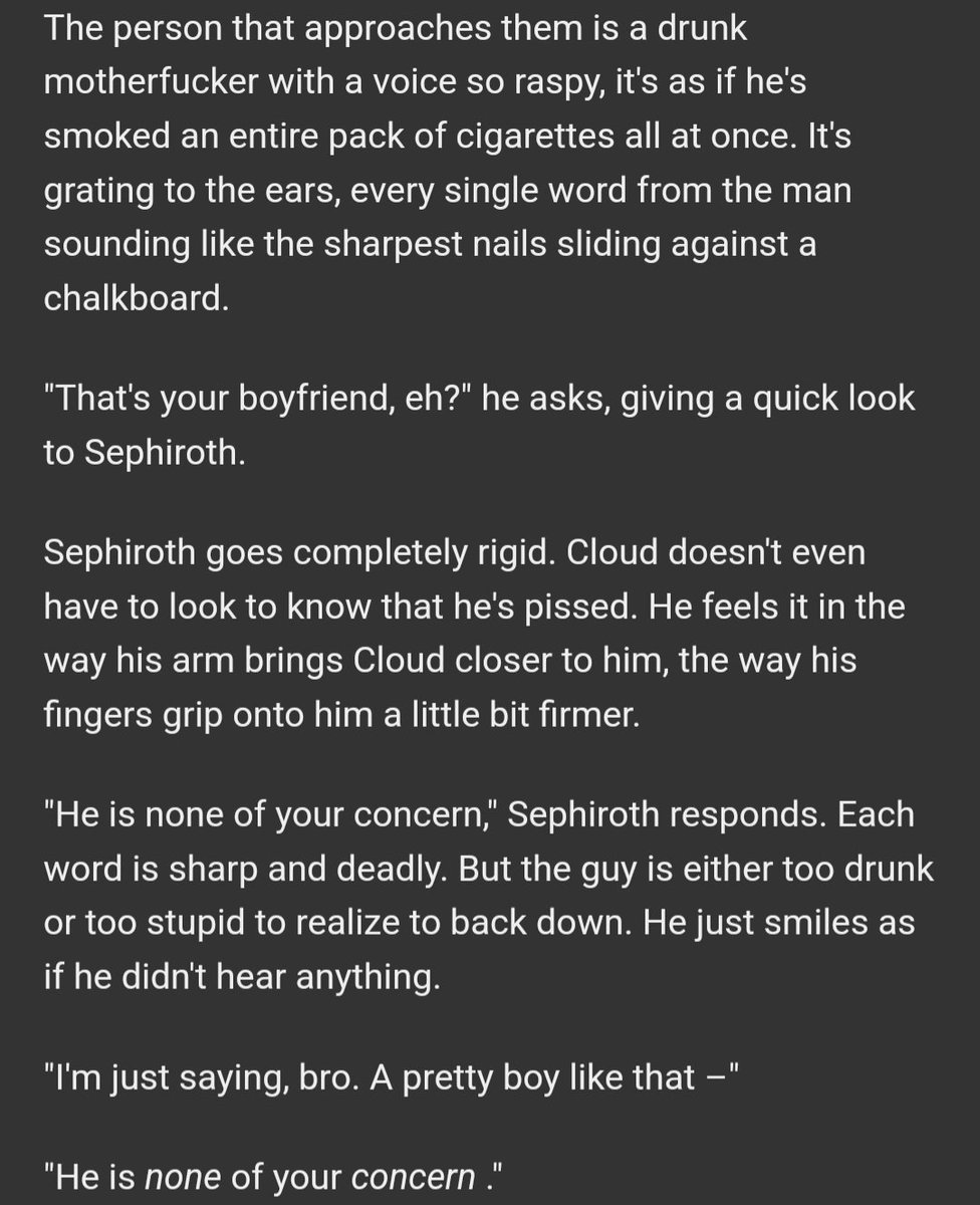ahhhh finally finished chapter 4 of my Sefikura fanfic. it's a biker gang au where Cloud finds himself involved with the leader of Midgar's most notorious biker gang

still don't know how to promote fics lmao but here's the title + excerpt 👀
 #ff7 #ff7r #sefikura