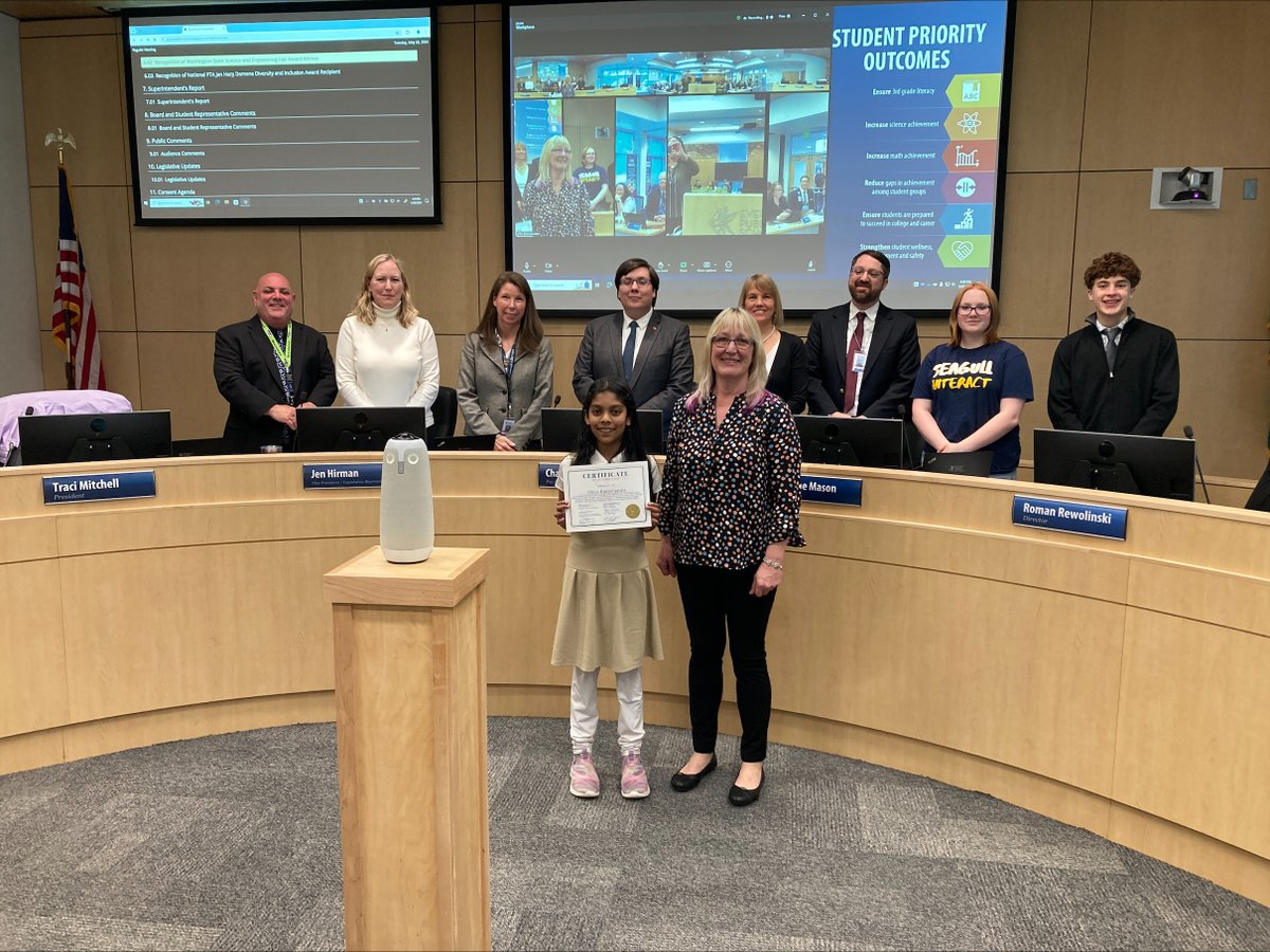 Loved recognizing Dhiya Kumaraguru, a fourth-grader at Tambark Creek Elementary at the Board meeting tonight. She earned the first-place trophy in Biomedical and Health Sciences (BMED) category  at the 67th Annual WA State Science and Engineering Fair (WSSEF). @EverettSchools