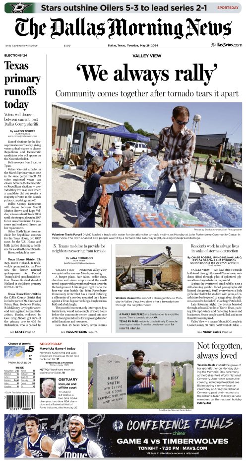 I’m proud to be a part of the back-to-back @dallasnews front pages dedicated to the emotional stories and dispatches of Valley View residents recovering from the deadly tornado