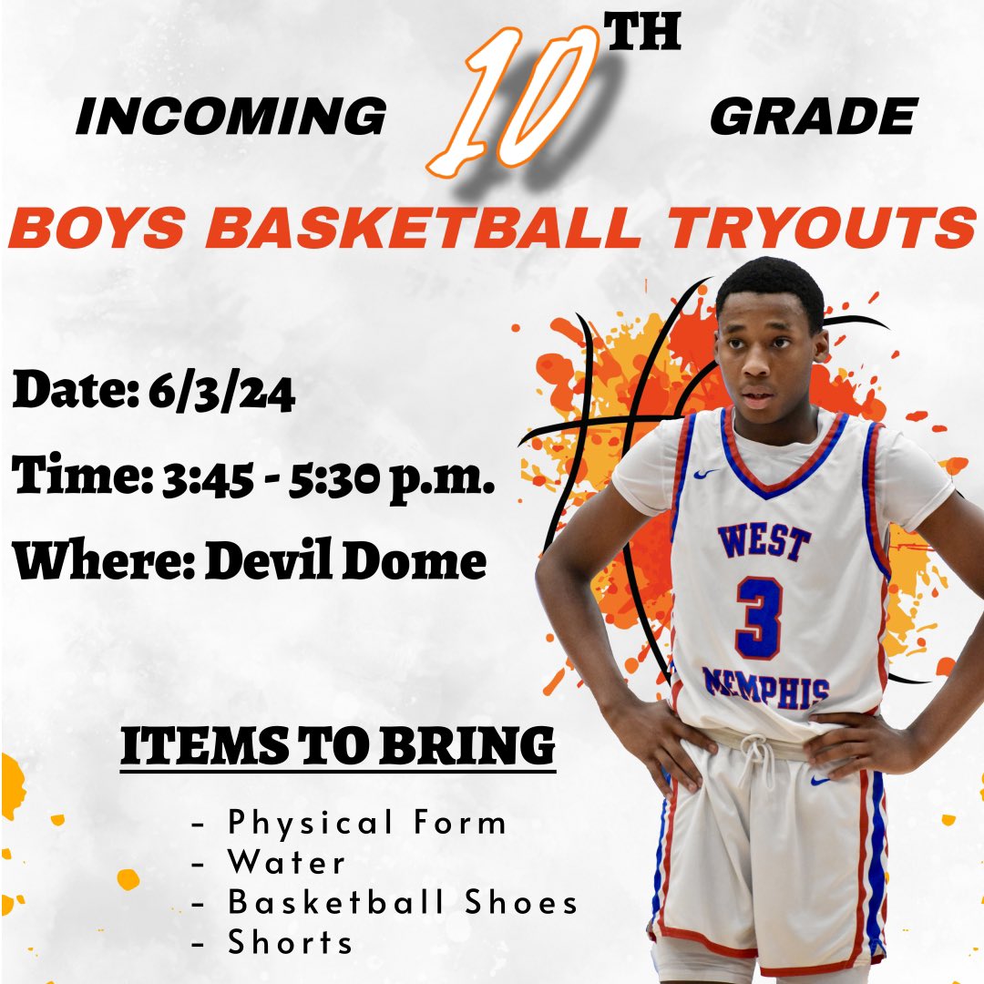 West Memphis Blue Devil Network (@wmbdnetwork) on Twitter photo 🏀 Incoming 10th Grade Boys 🏀
‼️BASKETBALL TRYOUT INFORMATION‼️
📅 06/03/24
⌚️ 3:45-5:30 p.m.
📍 Devil Dome
<a href="/wmbluedevilbb/">West MemphisBB</a> 🏀 Incoming 10th Grade Boys 🏀
‼️BASKETBALL TRYOUT INFORMATION‼️
📅 06/03/24
⌚️ 3:45-5:30 p.m.
📍 Devil Dome
<a href="/wmbluedevilbb/">West MemphisBB</a>