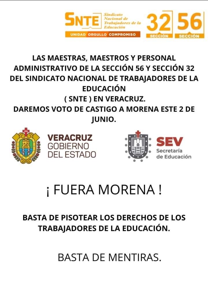 En Veracruz la SNTE Secciones 32 y 56 van en contra de la SECTA MORENISTA, felicidades maestros ya basta de los ABUSOS de este movimiento @PartidoMorenaMx que lo único que llegaron a hacer es a POLARIZAR  a todos los sectores de nuestro México.