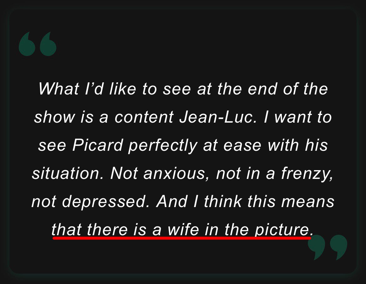 take2editor's tweet image. The current ending features a toast from the TNG stars, but Stewart demanded an ending where his character was content and at ease with his situation. It meant a happy ending with a wife in the picture. Stewart told the creators:

fandomwire.com/this-was-not-a…