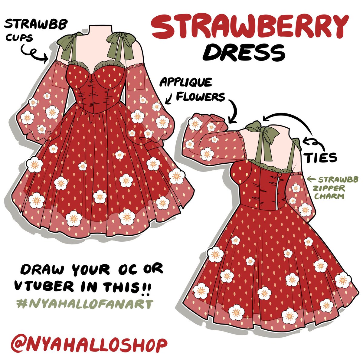 NyahalloShop's tweet photo. Draw your OC/Vtuber in this strawberry dress 🍓 https://t.co/0W6RCeM3so