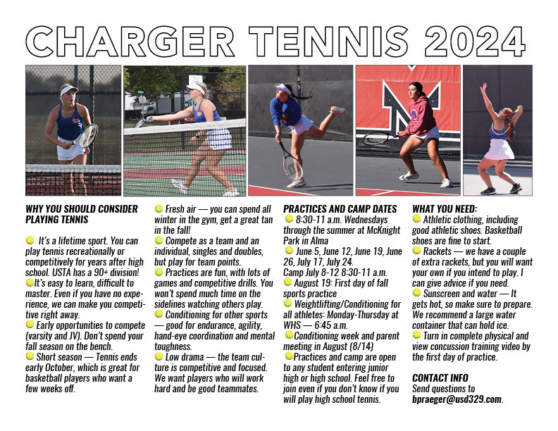 Summer tennis is almost here! 

All students entering WJH or WHS  are welcome to join. Practice begins June 5 and continues every Wednesday morning through the end of July.  8:30 a.m.-10:30 at McKnight Park in Alma.

Contact coach Praeger (bpraeger@usd329.com ) for more info.