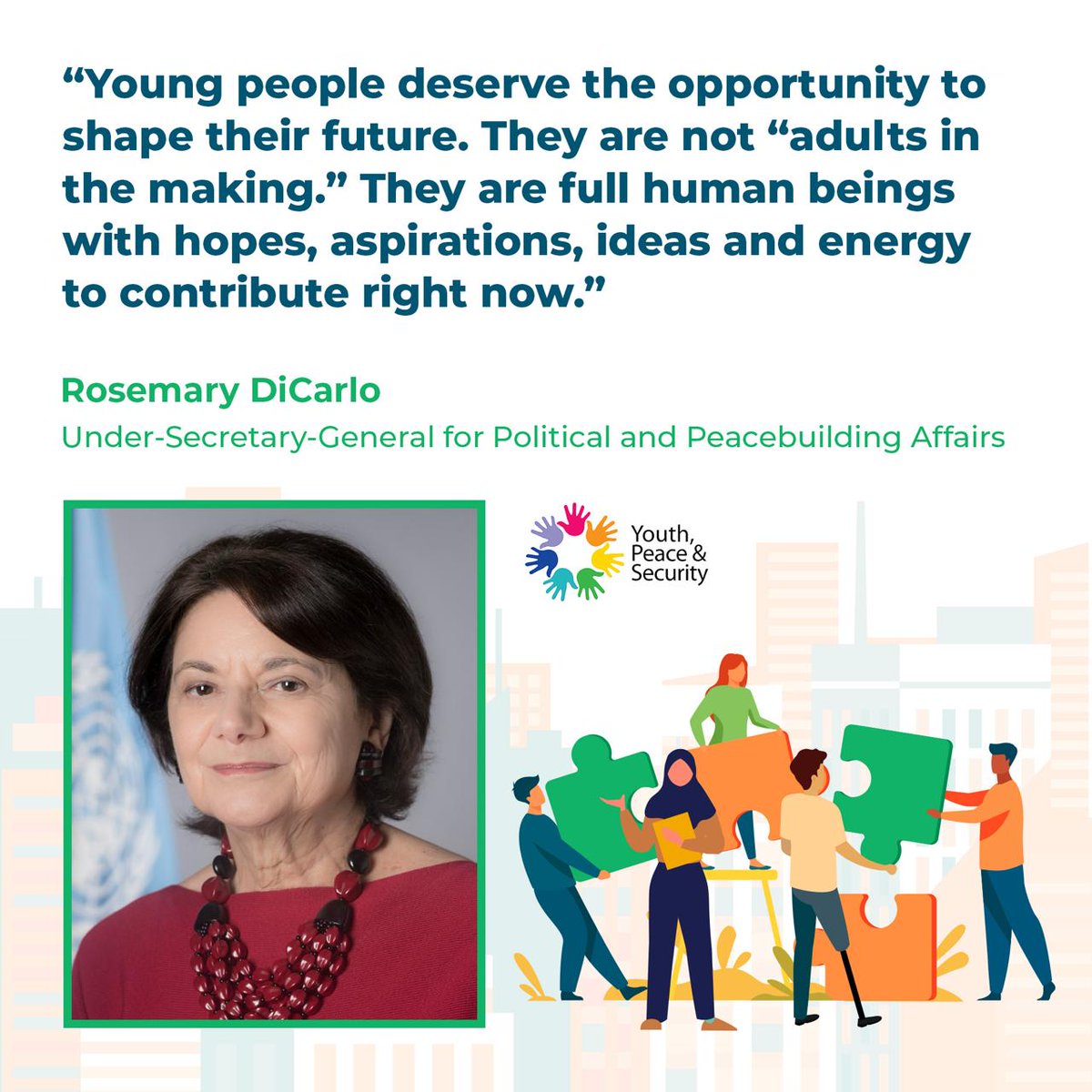 At the UNSC debate, USG @DicarloRosemary emphasized creating decision-making spaces for #Youth4Peace 🕊️ To ensure no one is left behind, we must collaborate meaningfully with the world's 1.8 billion young people 🤝