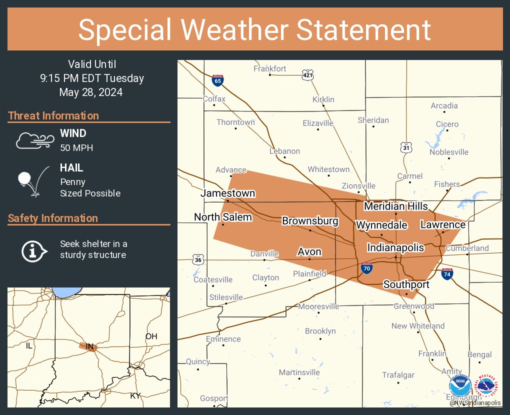 A special weather statement has been issued for Indianapolis IN, Lawrence IN and Brownsburg IN until 9:15 PM EDT