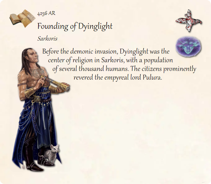 GolarionToday's tweet photo. 4256 AR: Founding of Dyinglight
#Sarkoris #Dyinglight #Pulura #4256AR
https://t.co/o1kPK5aEyk
Before the demonic invasion, Dyinglight was the center of religion in Sarkoris, with a population of several thousand humans. The citizens prominently revered the empyrea… https://t.co/fZagdJ3rLG