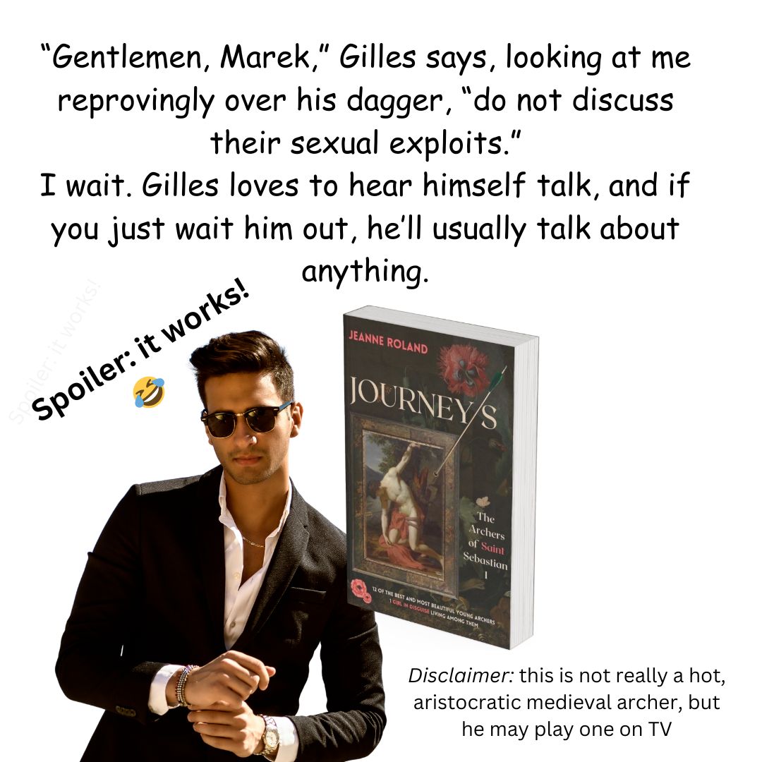 #MayThrills 28 #Snippet share Journeys: The Archers of Saint Sebastian Marieke (as Marek) asks Gilles some nosey questions about the other Journeymen after a night at the Drunken Goat (& gets an earful!)