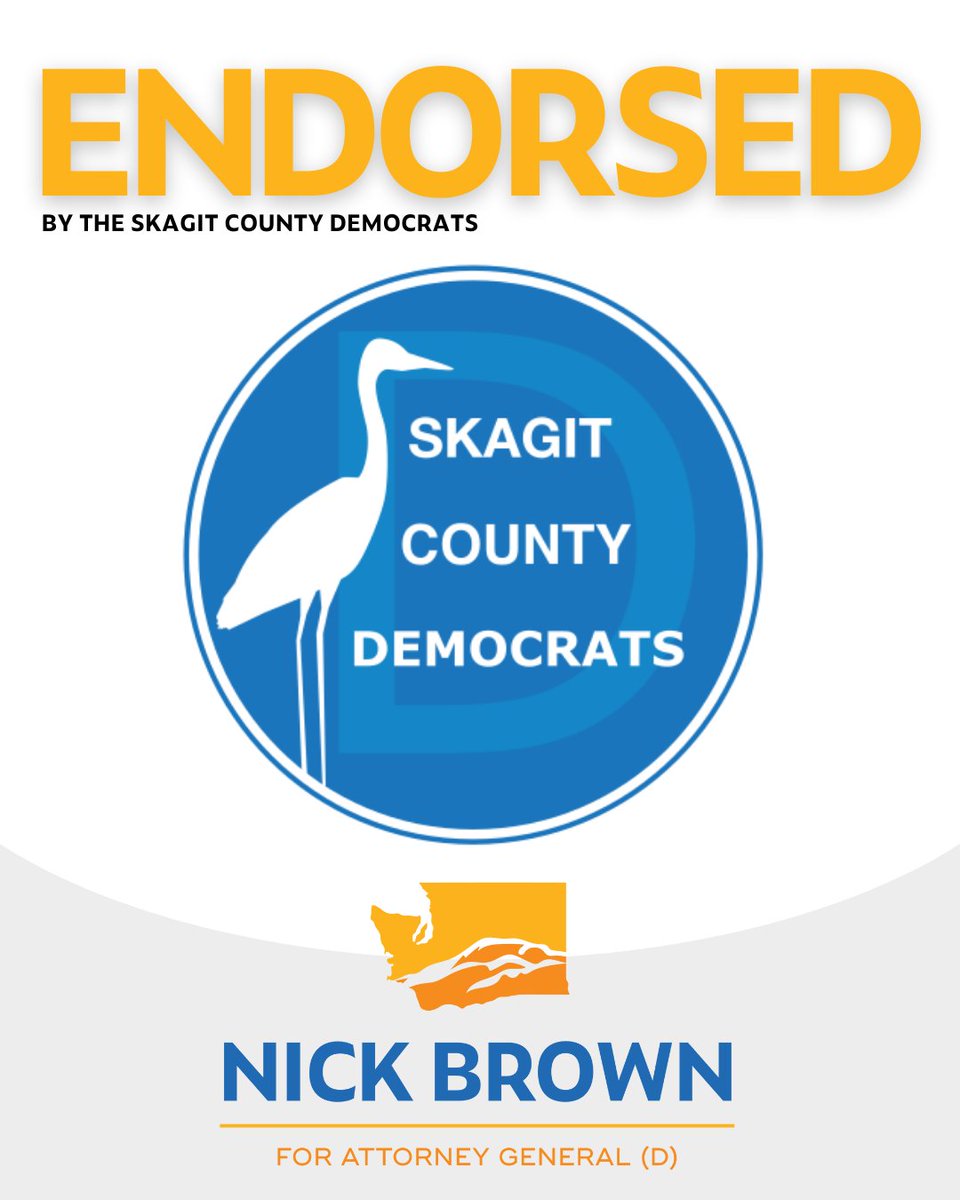 I'm excited to share that the Skagit County Democrats have officially endorsed my campaign! Their commitment to justice, equity, and inclusivity in Skagit County is truly inspiring. Thank you, Skagit County Democrats, for your trust and support. 

#NickBrownForAG #JusticeForAll