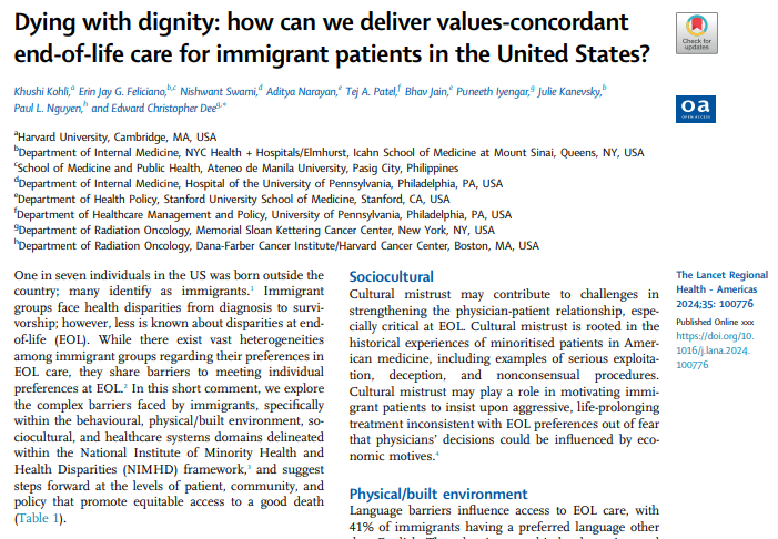 Memorial Sloan Kettering Radiation Oncology (@msk_radonc) on Twitter photo New in <a href="/LancetRH_Americ/">The Lancet Reg Health-Americas</a>: Dr <a href="/EChrisDee/">Edward Christopher "Chris" Dee, MD</a> leads this commentary on optimal #endofLife care for immigrant populations living in the US including outlining barriers & suggesting steps forward to promote equitable access to a "good death". #hpm #pallonc
ncbi.nlm.nih.gov/pmc/articles/P… New in <a href="/LancetRH_Americ/">The Lancet Reg Health-Americas</a>: Dr <a href="/EChrisDee/">Edward Christopher "Chris" Dee, MD</a> leads this commentary on optimal #endofLife care for immigrant populations living in the US including outlining barriers & suggesting steps forward to promote equitable access to a "good death". #hpm #pallonc
ncbi.nlm.nih.gov/pmc/articles/P…