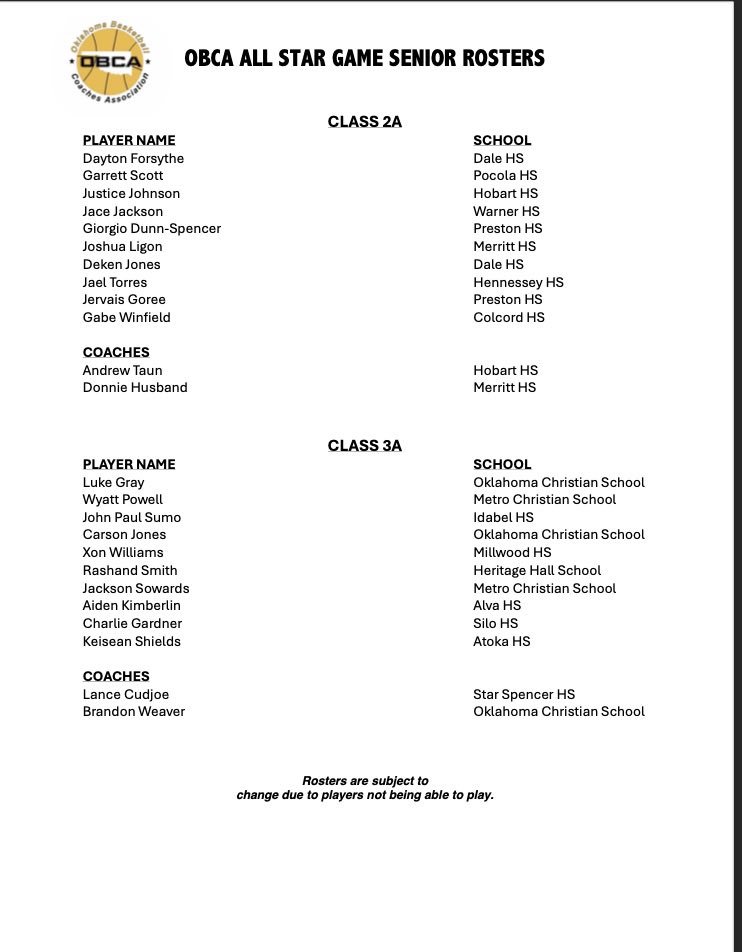 OBCA_'s tweet photo. The Oklahoma Basketball Coaches Association All-Star Games Updated Rosters for June 1st at the University of Central Oklahoma Hamilton Fieldhouse. https://t.co/uxRzmTV8Xw