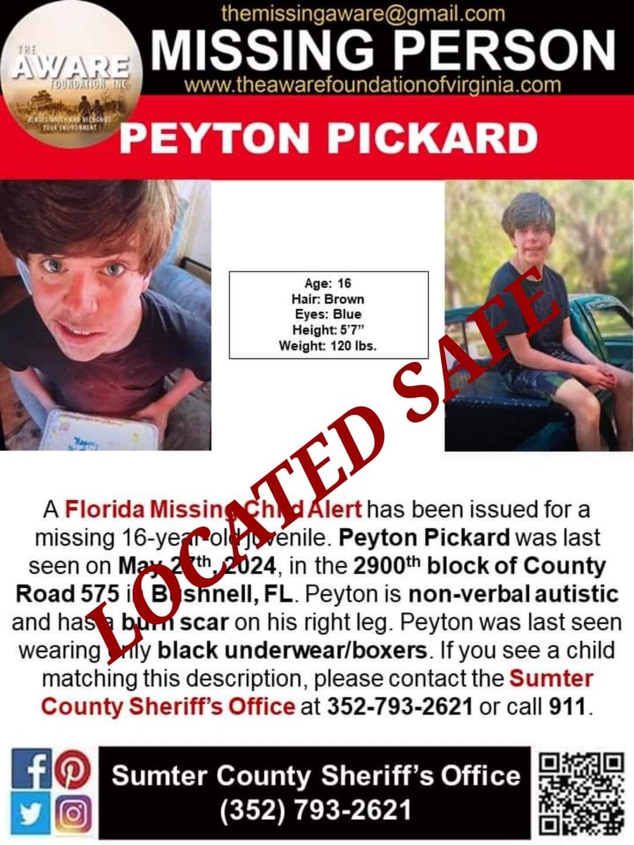 UPDATE: Wonderful news!  Peyton Pickard, a missing teen in Sumter County, has been found safe Tuesday evening about a mile from his home. #TheAWAREFoundation