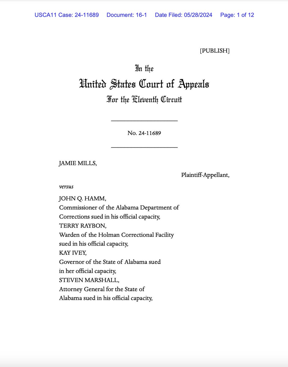 The U.S. Court of Appeals for the Eleventh Circuit has denied Jamie Mills a stay of execution on his challenge to Alabama's practice of restraining prisoners on a gurney while appeals in the case are still pending. media.ca11.uscourts.gov/opinions/pub/f… @eji_org @PHADP #deathpenalty