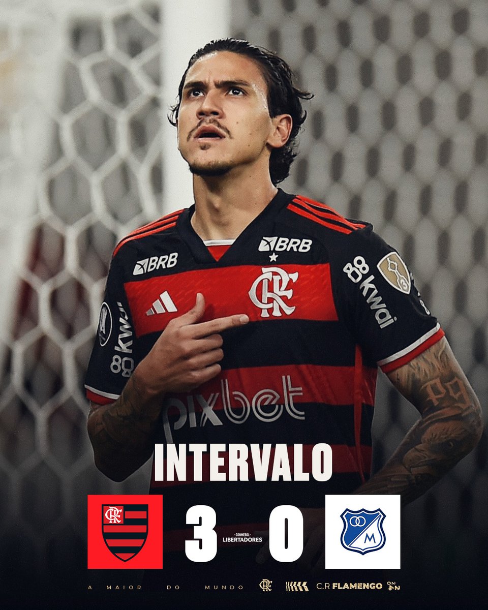 Flamengo's tweet photo. FIM DO PRIMEIRO TEMPO NO MARACA! O Mengão vai vencendo o Millonarios por 3 a 0 com gols de Pedro (2) e Vargas (contra)! #FLAxMIL #VamosFlamengo https://t.co/A7Y3iUvXkw