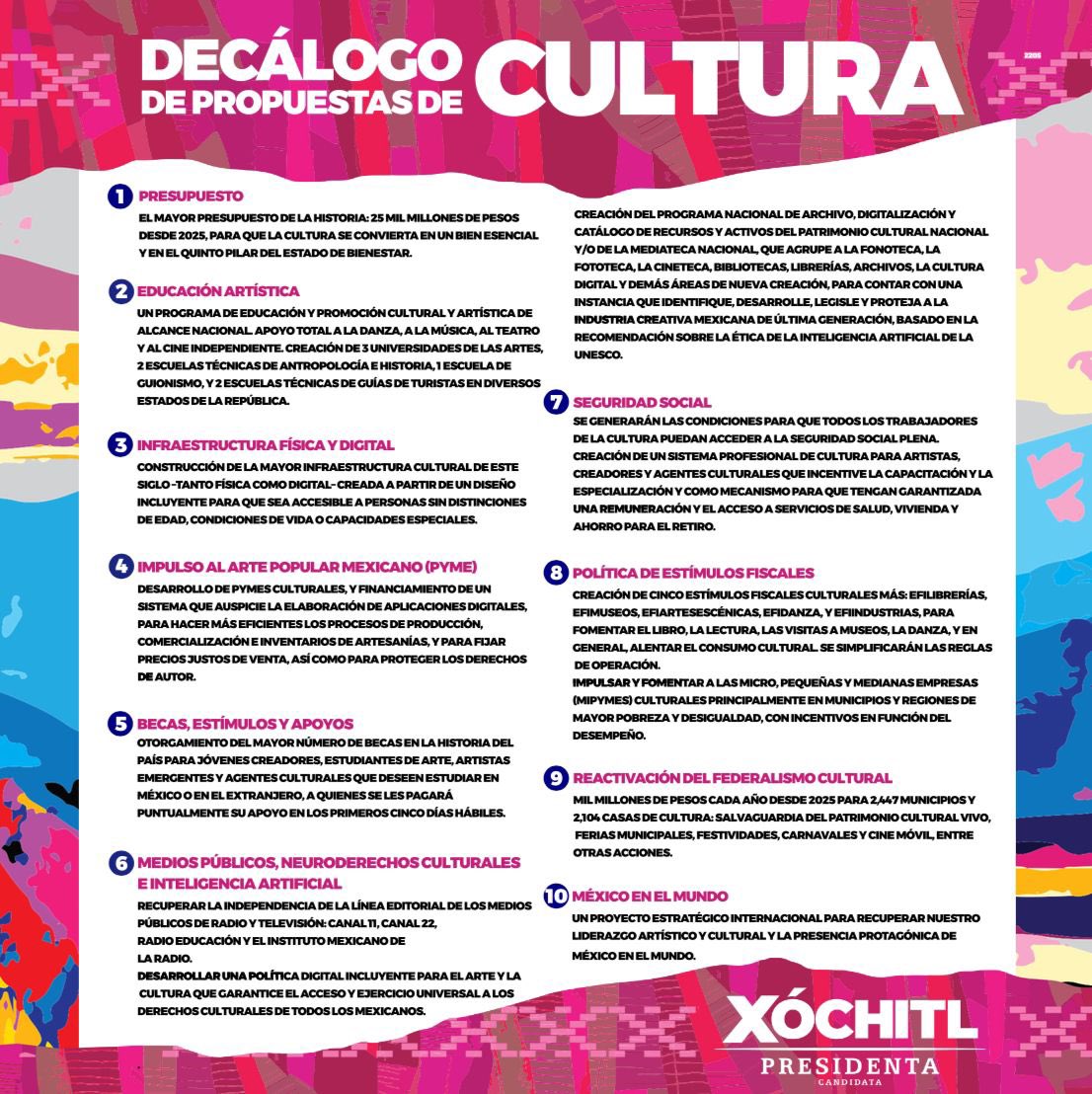 El decálogo de propuestas de Cultura de <a href="/XochitlGalvez/">Xóchitl Gálvez Ruiz</a> 
28 de mayo, 2024

#XochitlGálvezPresidente2024 
#LaPresidentadelaCultura
#XóchitlesCultura