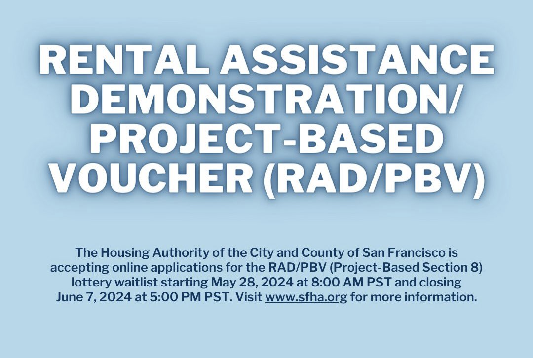 The application process opened today for the San Francisco Housing Authority's Section 8 Rental Assistance Demonstration/Project-Based Voucher waitlist. It should take 15-30 min to complete. Deadline is 5PM on June 7, 2024. Lottery takes place after that. sfha.org/housing-progra…