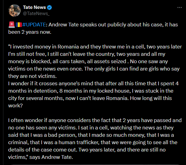 How embarrassing 🤡

Anyone apart from Andrews 12-year-old fans understands that victims in trafficking and rape cases will never be public. 

He also is suing one of his victims in the US to intimidate her yet claims that he has not heard of any victims. 🤡

Of course, Tate and