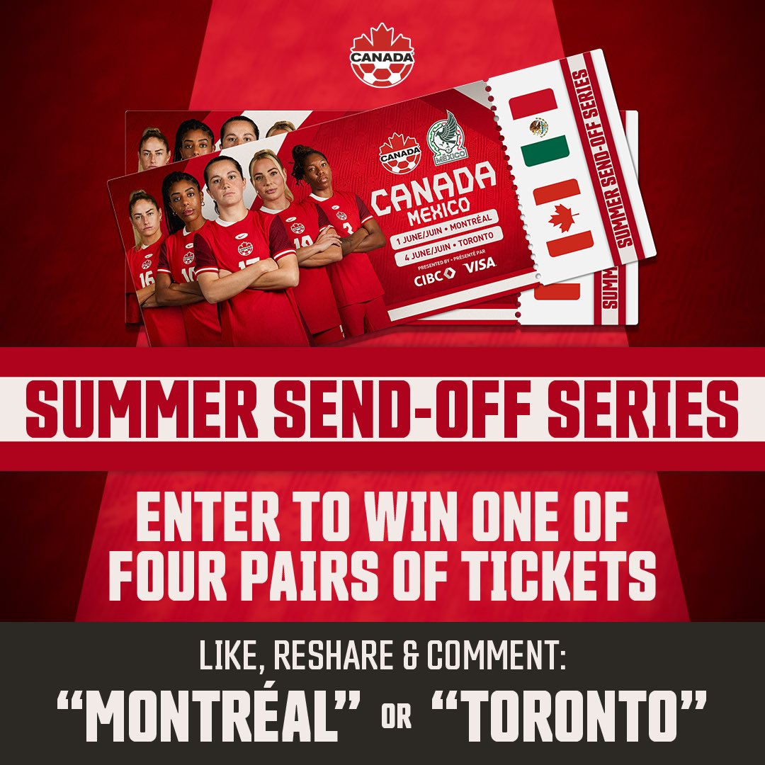 Want to watch your favourite #CANWNT stars in person? We’re giving away 4 pairs of tickets to our upcoming Summer Send-Off Series matches!

Simply like, reshare and comment which match you’re looking to attend for a chance to win. Winners will be notified through DM’s