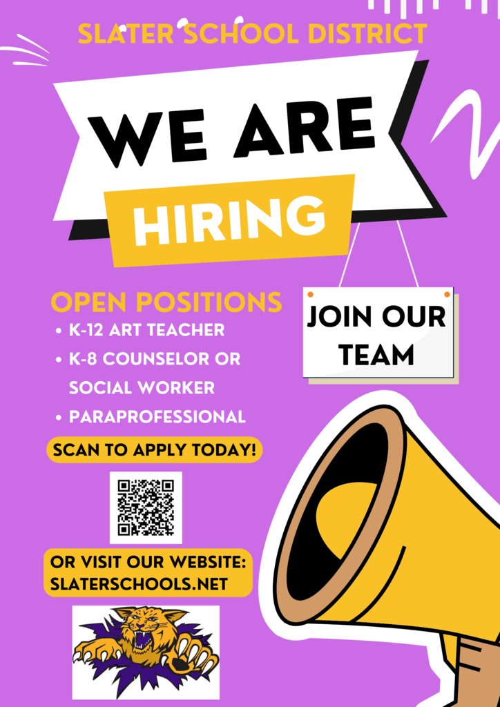 The Slater School District is seeking qualified candidates for employment. Please follow the link to apply and become a part of the Wildcat family!! 💜💛 slaterschools.net/page/employmen…