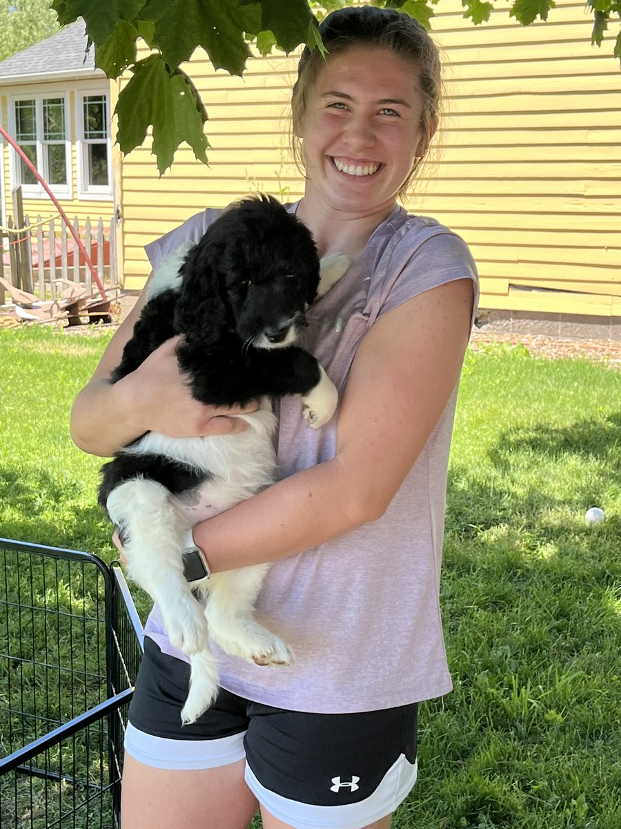 The two cutest models ever! @HeiseMallory and Sirius, eight-week-old F1B Goldendoodle puppy! He's going to be a big boy and so stinkin' sweet! We haven't talked Mallory's mom into yet so he's still available at the farm! :) #doodlesofX #doodles #mustlovepuppies