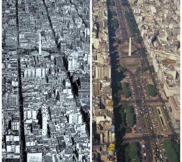 Avenida 9 de Julio, Buenos Aires, Argentina, la más ancha del mundo con 140 m. En 1933 estaba repleta de casas y edificios. En su construcción demolieron 33 manzanas con 1.300 edificios. Se perdieron 300 edificaciones  de gran valor patrimonial histórico.
infolosandes.com.ar/2023/06/24/sab…