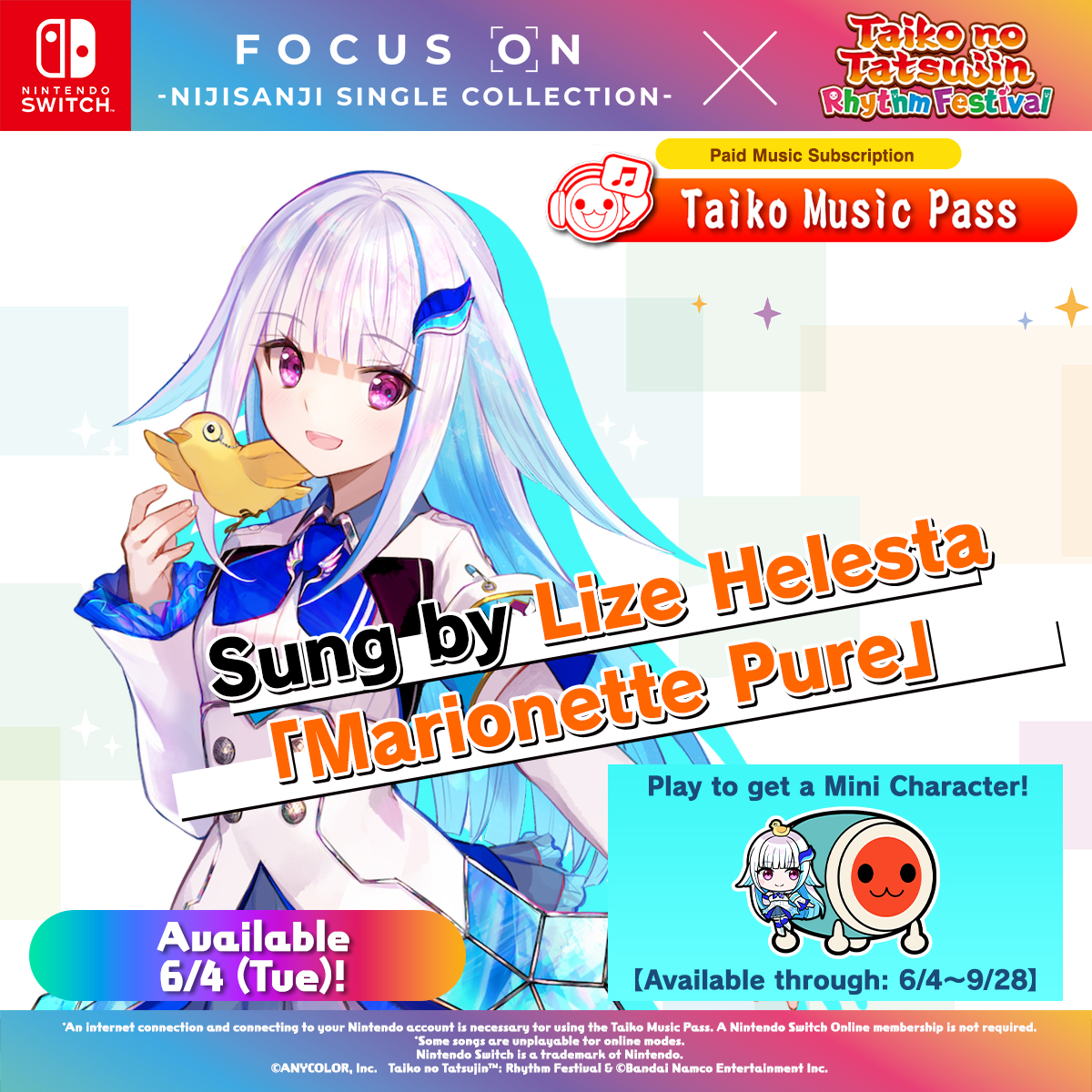 ✨FOCUS ON × #TaikonoTatsujin ✨

Introduction of participating members📢
@Lize_Helesta sings 'Marionette Pure“!
Get Mini Characters by playing songs on Taiko Music Pass 🎵

#Nijisanji #FocusOn