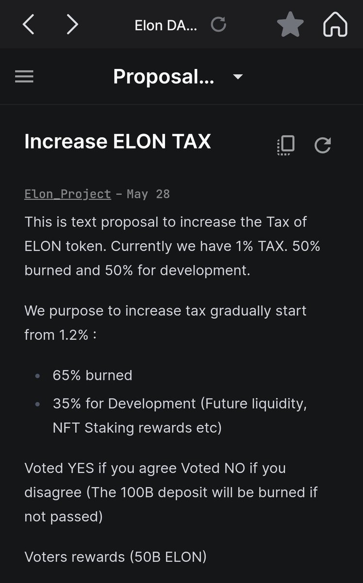A6 Proposals is on Voting now🚀
🔹️Increase $ELON Tax Burn gradually starting from 1.2%
🔹️Voters reward 50B $ELON
Be ELON DAO member, cast your vote - Accept your rewards🚀
daodao.zone/dao/terra12yzs…
#LUNC
#LuncArmy #ElonMuskMusk #DAOs #MemeTokens