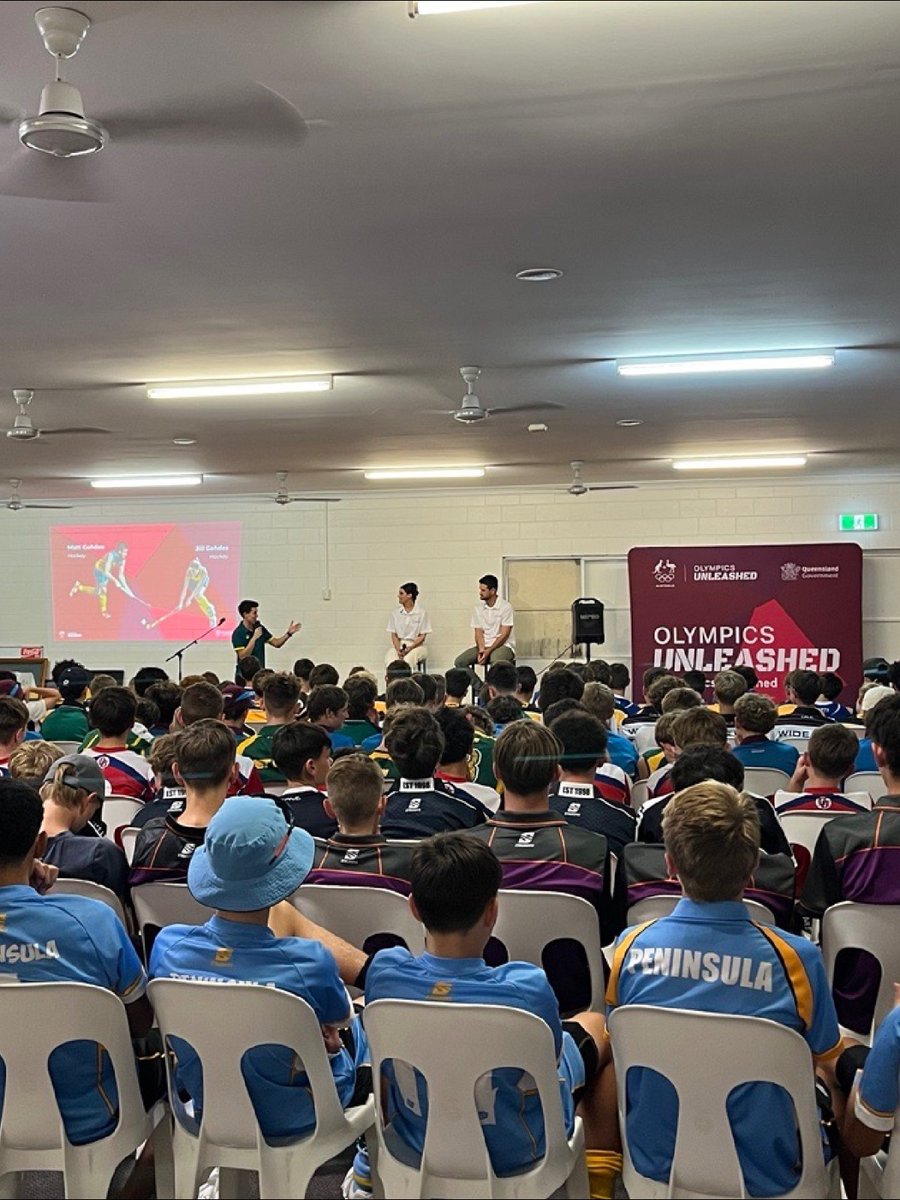 #OlympicsUnleashed takes on Rockhampton! Hockey Olympian and Rocky local Matt Gohdes, with former Jillaroos player Jill Gohdes, shared the lessons from their athlete journeys to 300 high school hockey players from across QLD 🏑 #HaveAGo | @hockeyaustralia