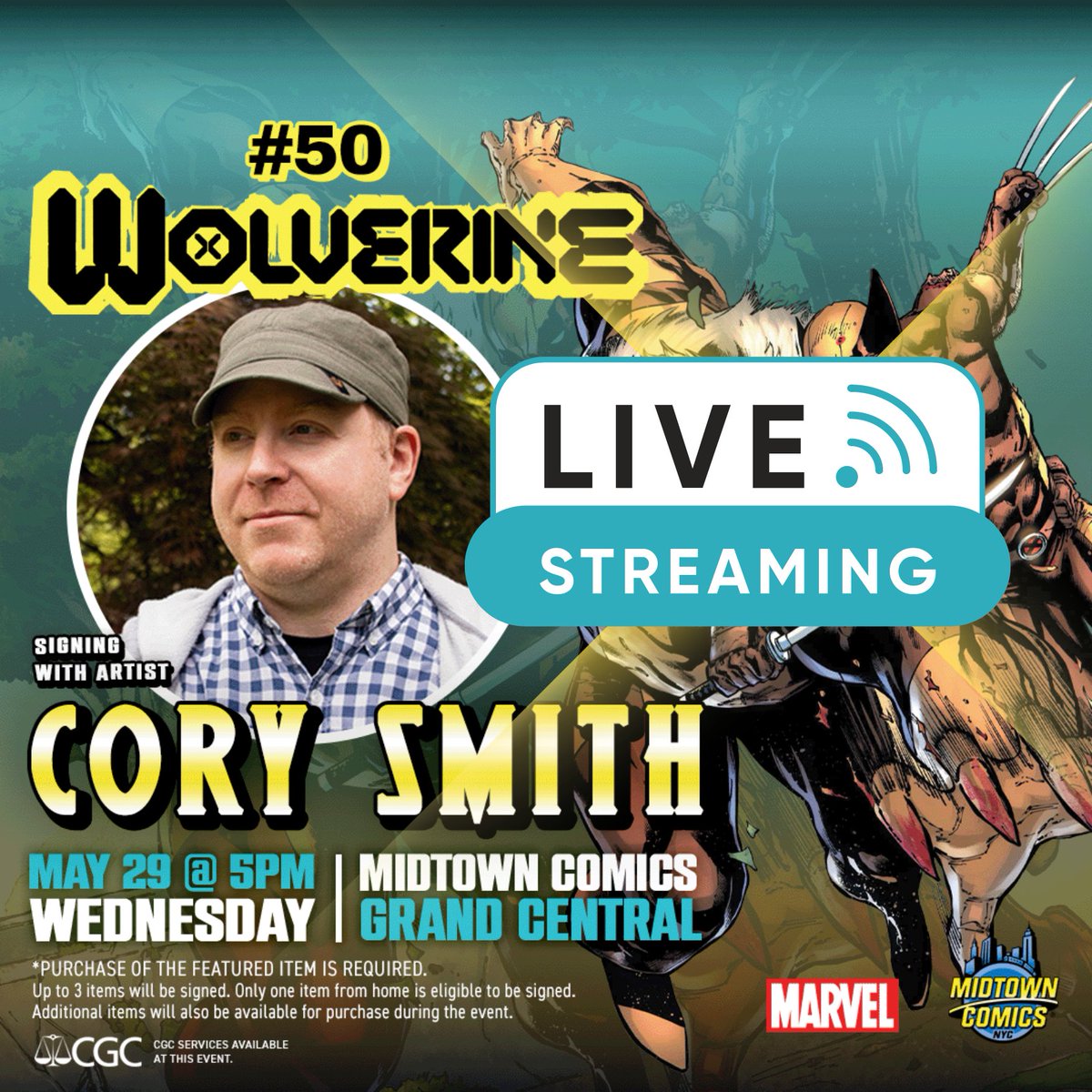 JOIN US TOMORROW @ MIDTOWN COMICS #GRANDCENTRAL for a signing with #artist #CorySmith!

Can't make it to the signing? 

Join us LIVE on Whatnot on WED MAY 29 @ 5 pm for #giveaway , ask questions and get a signed book for your collection!

👉Save the link: ow.ly/5h1w50RZiKq
