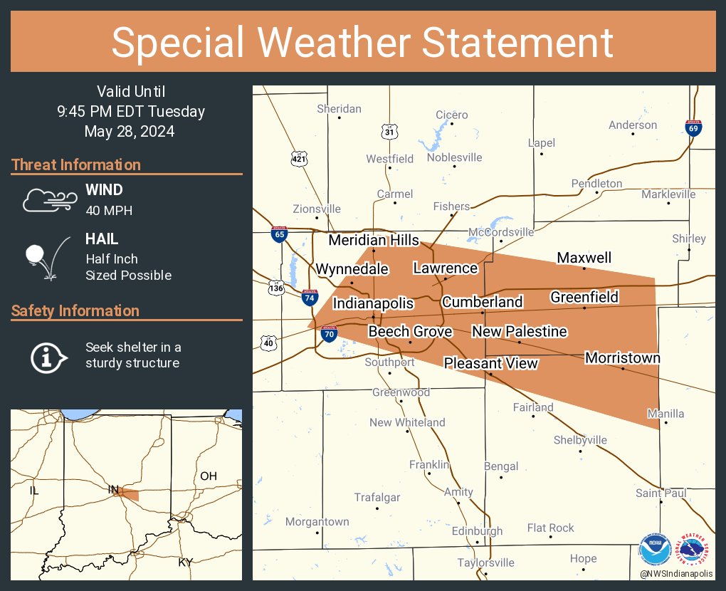 A special weather statement has been issued for Indianapolis IN, Lawrence IN and Greenfield IN until 9:45 PM EDT