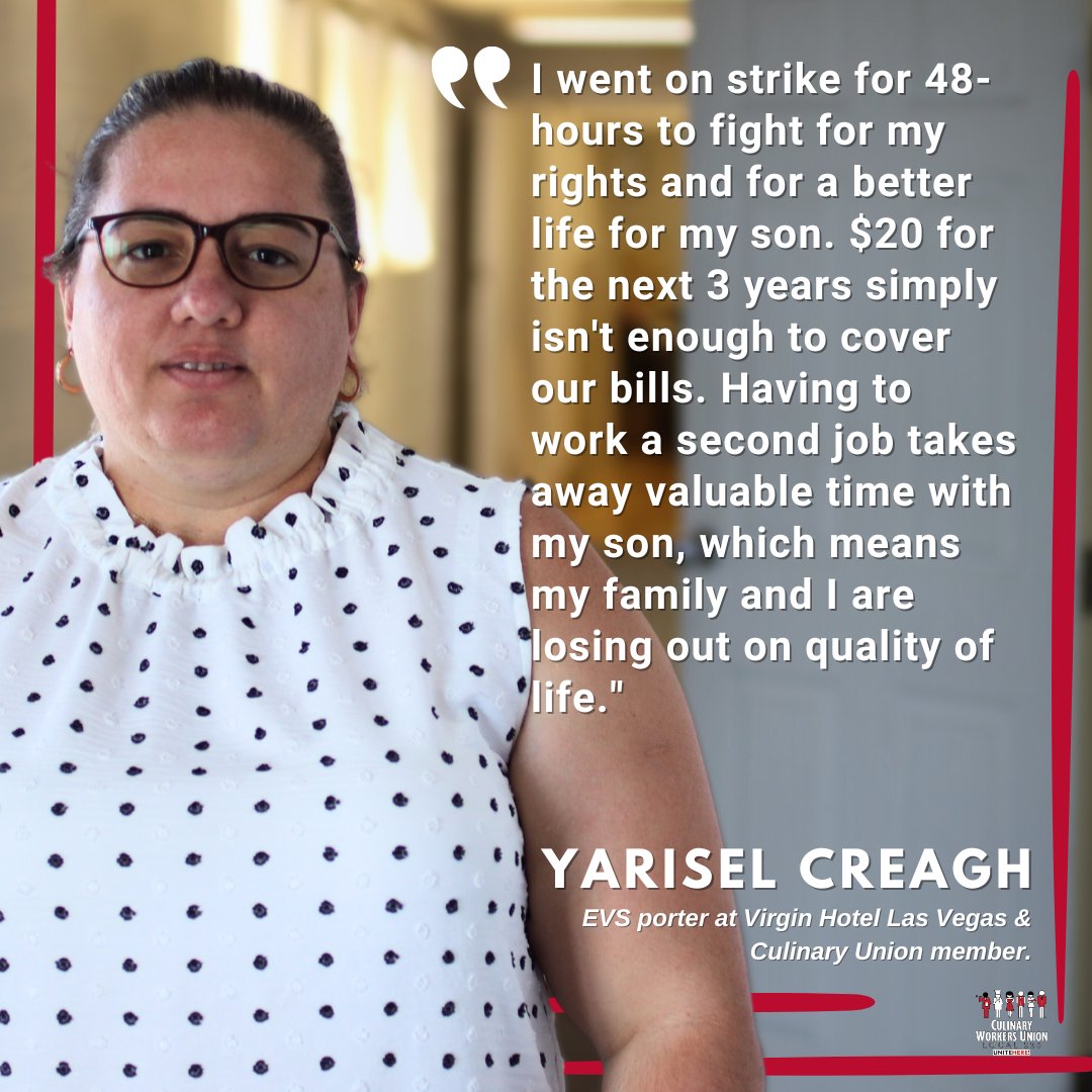 Workers at @VirginHotelsLV deserve fair wage increases & are organized & were ON STRIKE to win it! Culinary Union has their back every step of the way & we'll win. 🗣️Meet Yarisel, an EVS porter At Virgin Hotels & Culinary Union member who is fighting so that #OneJobShouldBeEnough