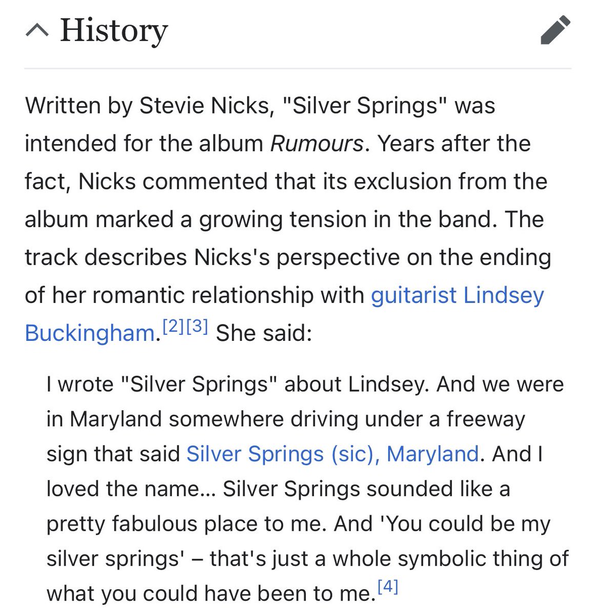 Heard Fleetwood Mac’s “Silver Springs” today and I made a joke to myself like, “inspired by the DC suburb”, but no, that’s actually why it’s called that