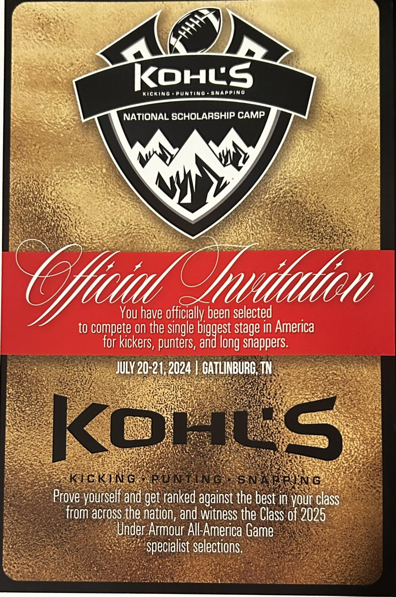 Thank you @Coach_Casper and @KohlsSnapping for an invite to the Kohl’s national scholarship camp in Gatlinburg. Can’t wait to complete! @PrepRedzoneWV @RMU_Football @RMUAthletics @CoachWoodmanMSU @theDariusDavis @StAndrewsFB @GSCFootball @CoreyYates13 @Coach_QWilson @FlashTanski