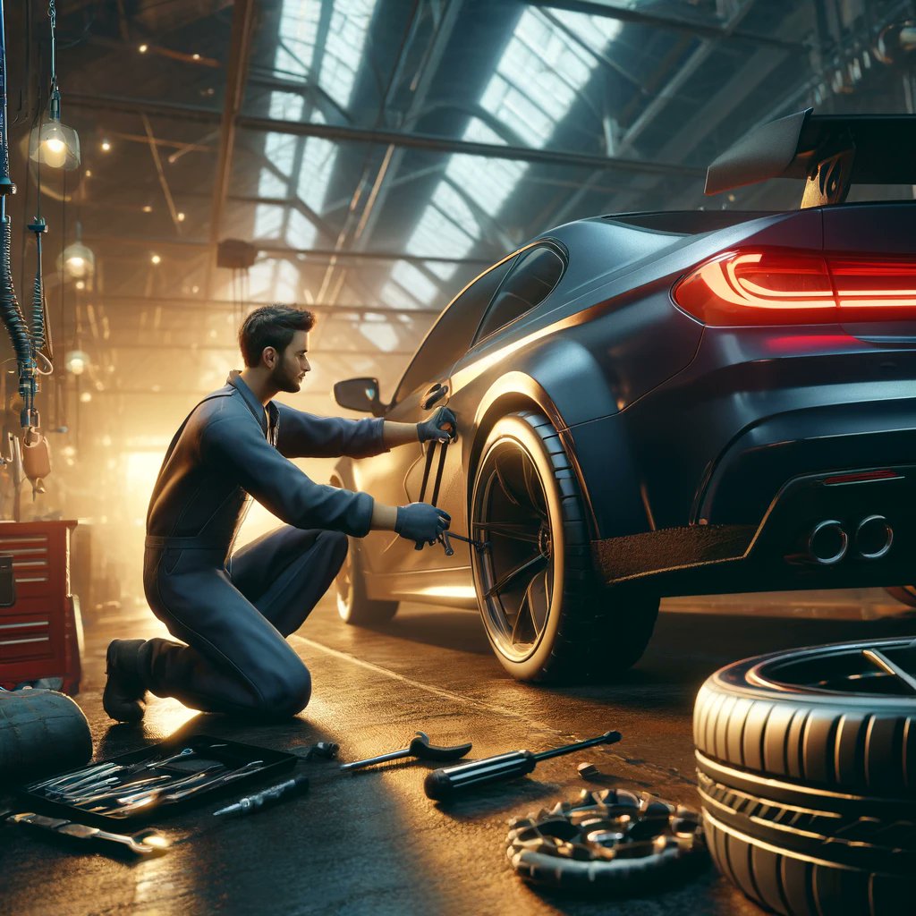 Precision in motion: A cinematic look at a tire change in progress. 🛠️🚗 #TireChange #MechanicLife #3DRendering #AutoRepair #CinematicDetail #GarageScene #CarMaintenance #PrecisionWor