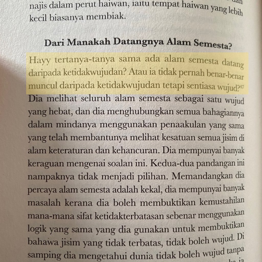 “Hayy tertanya-tanya sama ada alam semesta datang daripada ketidakwujudan? Atau ia tidak pernah benar-benar muncul daripada ketidakwujudan tetapi sentiasa wujud?”

Hikayat Hayy bin Yaqzan: Manusia Asuhan Rusa
Penulis: Ibnu Tufail
Penterjemah: Mohamad Razif Mohamad Fuad
@BukuIBDE