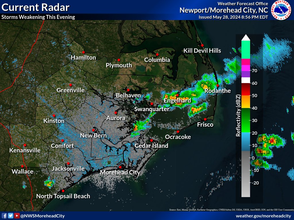 Thunderstorms are winding down this evening but a few showers and storms are still affecting the OBX and coastal areas. These will move offshore making way for a quiet night. While temperatures will still be warm tomorrow, dewpoints will be much more comfortable. #ncwx