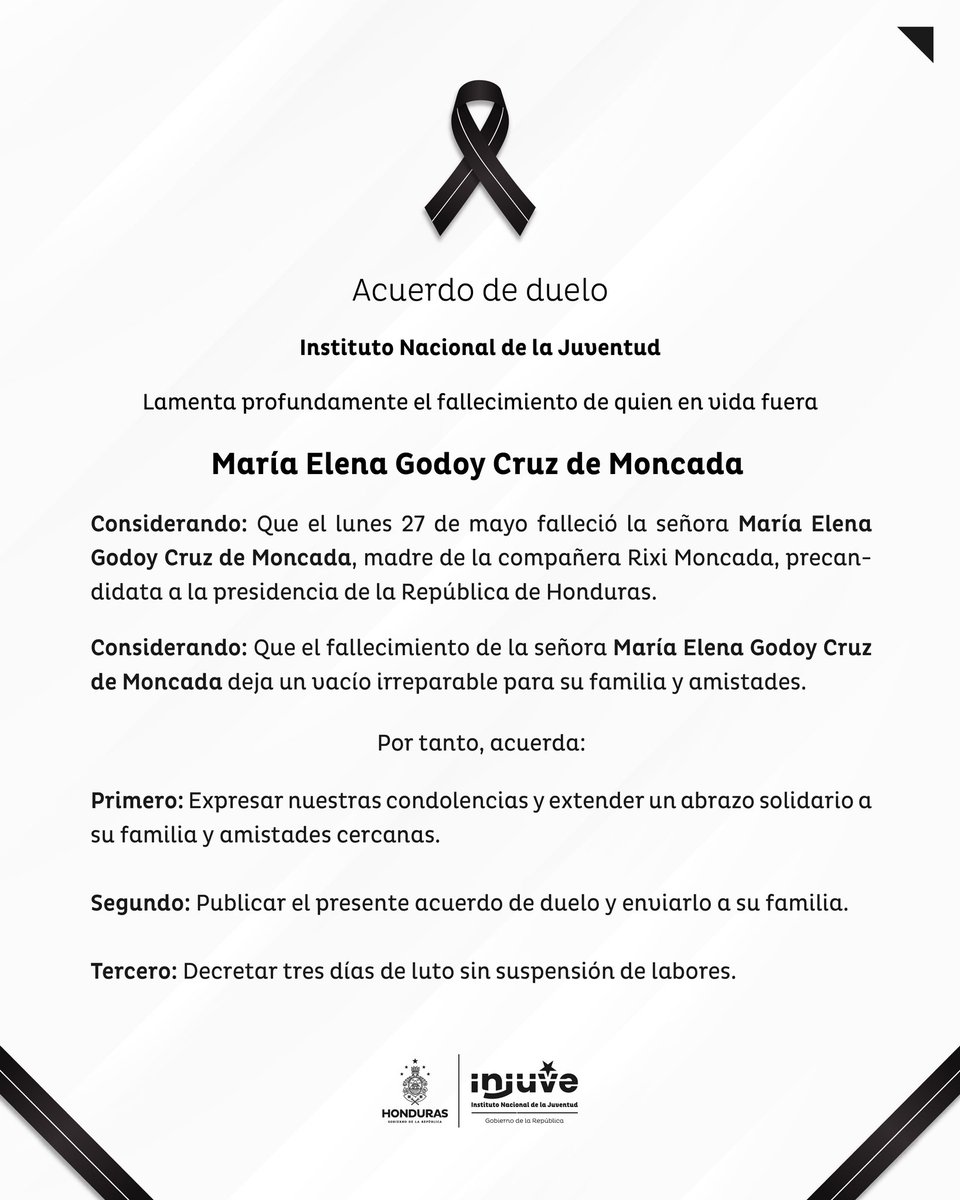 ⚫️ Con profundo pesar, lamentamos el fallecimiento de María Elena Godoy Cruz, madre de la Abogada y compañera, Rixi Moncada. En estos momentos difíciles, enviamos nuestras condolencias y solidaridad a su familia. Descanse en paz. 🕊️