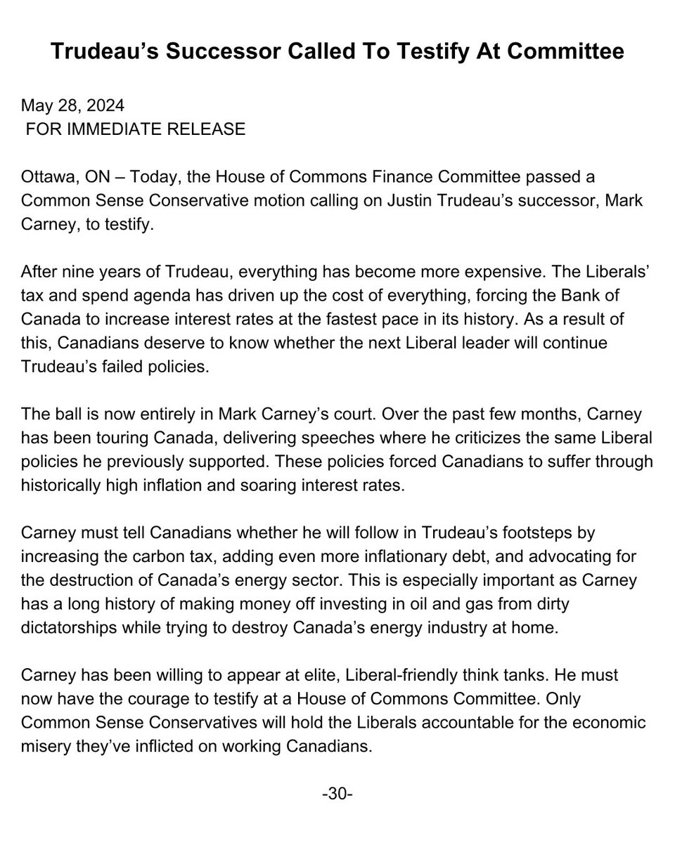 Mark “Carbon Tax” Carney has been called to testify before Finance Committee. Ball is now in his court. Will he step up and come clean with Canadians? Or will just keep campaigning in front of Liberal friendly crowds at fancy dinners?