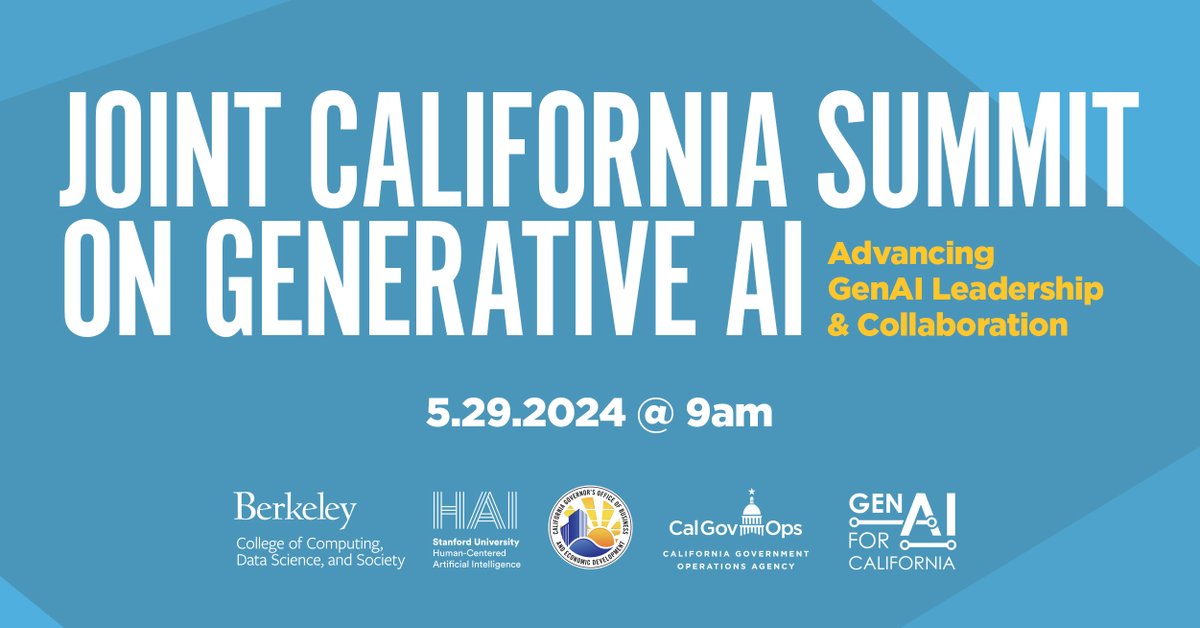 Berkeley Computing, Data Science, and Society (@berkeleycdss) on Twitter photo Exciting News! <a href="/CAgovernor/">Governor Gavin Newsom</a> Gavin Newsom will be joining us at the Joint California Summit on Gen AI for a discussion with <a href="/BerkeleyDataSci/">UC Berkeley CDSS</a> dean <a href="/jenniferchayes/">Jennifer Chayes</a> and <a href="/StanfordHAI/">Stanford HAI</a> co-director <a href="/drfeifei/">Fei-Fei Li</a>. Tune in tomorrow at 9am PST: cdss.berkeley.edu/JointCASummitG… Exciting News! <a href="/CAgovernor/">Governor Gavin Newsom</a> Gavin Newsom will be joining us at the Joint California Summit on Gen AI for a discussion with <a href="/BerkeleyDataSci/">UC Berkeley CDSS</a> dean <a href="/jenniferchayes/">Jennifer Chayes</a> and <a href="/StanfordHAI/">Stanford HAI</a> co-director <a href="/drfeifei/">Fei-Fei Li</a>. Tune in tomorrow at 9am PST: cdss.berkeley.edu/JointCASummitG…