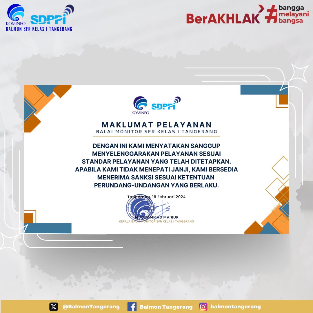 Halo #SahabatFrekuensi

Dalam rangka meningkatkan kualitas pelayanan, Balai Monitor SFR Kelas I Tangerang berkomitmen selalu memberikan pelayanan yang terbaik kepada seluruh #SahabatFrekuensi sebagaimana tertuang dalam maklumat pelayanan. 📃✨

#BalmonTangerang #DitjenSDPPI