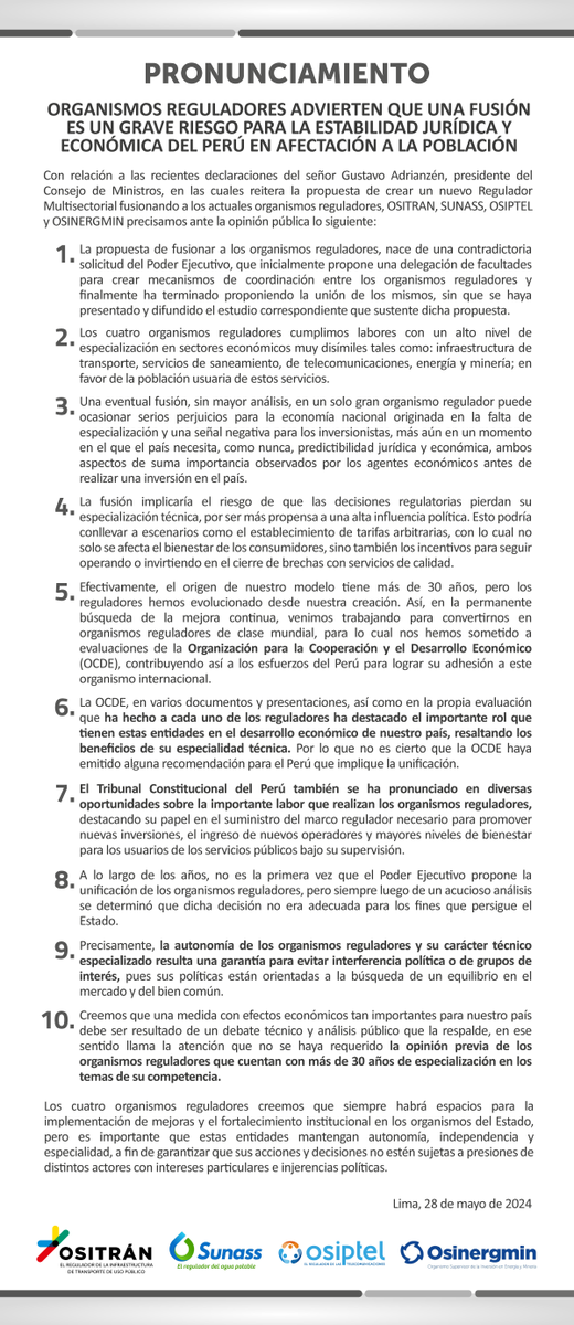 RadioNacionalFM's tweet photo. 🔴A través de un pronunciamiento, los organismos reguladores @OSINERGMIN, @ositranperu, @sunassperu y @OSIPTEL advirtieron que una fusión es un grave riesgo para la estabilidad jurídica y económica del Perú, afectando a la población. 
#NacionalEnLaNoticia https://t.co/7ZUwEjWQBw