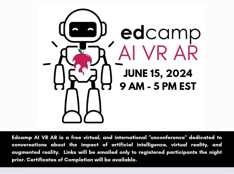 Edcamp AI VR AR is live and we need people to facilitate conversations about topics related to teaching and learning. Sign up here sites.google.com/view/edcamp-ai… #AI #ArtificialIntelligence #augmentedreality #ar #virtualreality #vr #edtech