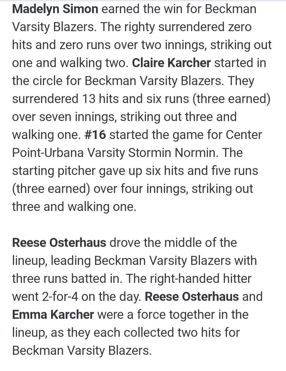 .@BeckmanCatholic softball defeats Center Point-Urbana 7-6 in 9 innings! @THsportsfeed @jtlinder @IGHSAU #iahssb