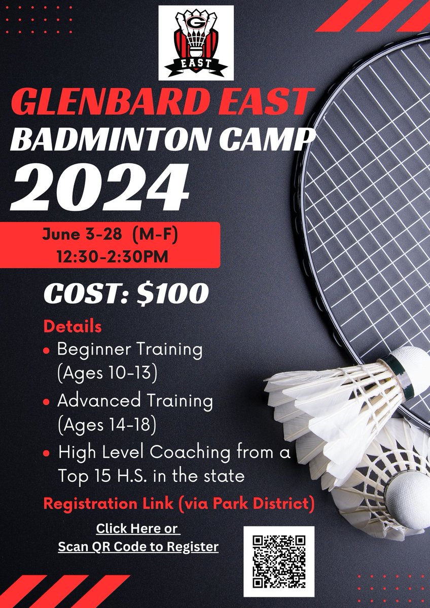 BIRDisBLOOD's tweet photo. If anyone's interested, here's a Badminton Summer Camp at Glenbard East for your kiddos. We work with kids as young as 10 (message me if you have someone younger that is interested). It's a great deal even if they can't make all 20 days.

Signup via PD:
https://t.co/Lx6BWHmwDE https://t.co/Vy77b4ZGNc