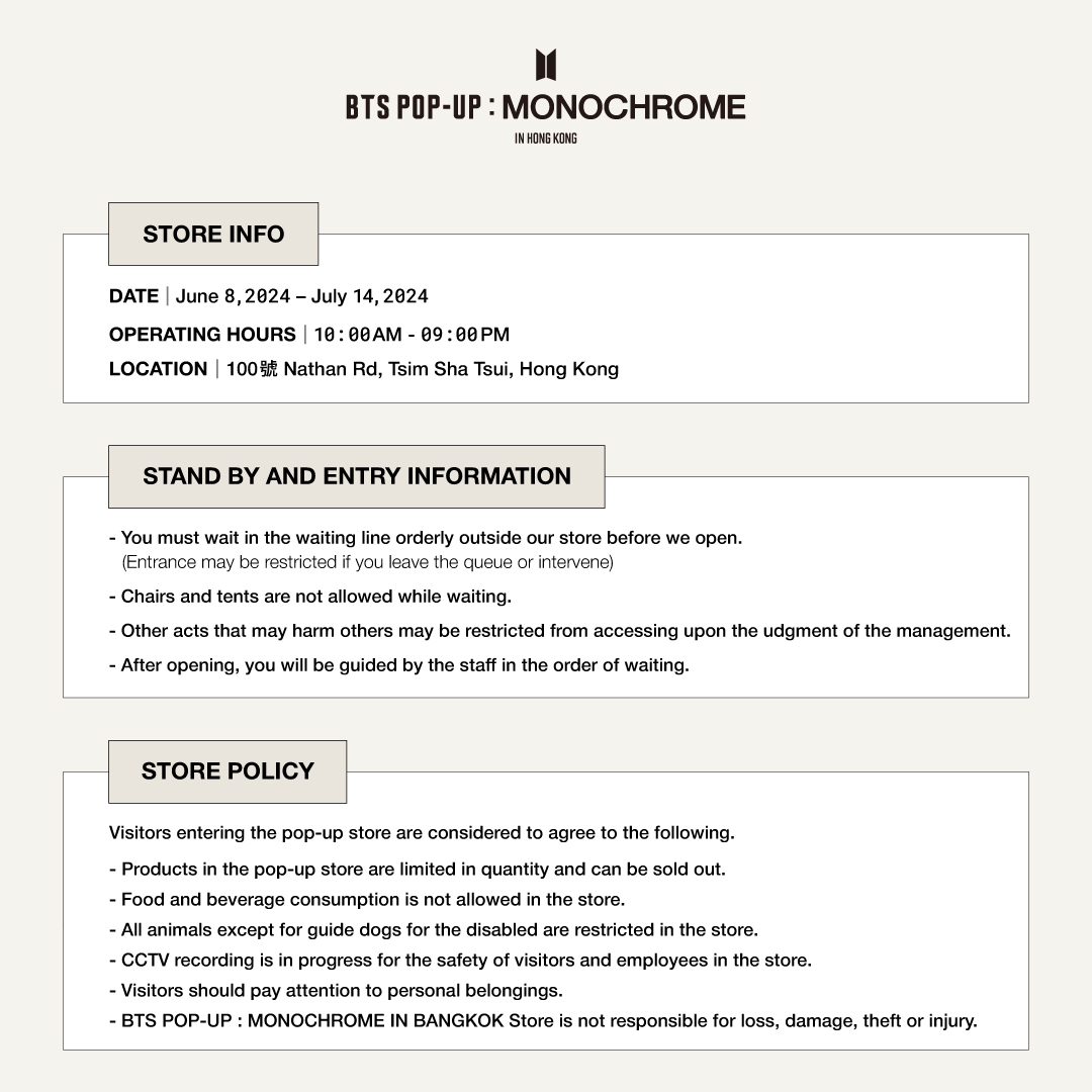 oceanofpopup's tweet photo. [BTS POP-UP : MONOCHROME IN HONG KONG – Announcement]

✅For everyone's safety and enjoyment, we ask for your understanding and cooperation to respect the following rules.

#BTS #방탄소년단  #MONOCHROME #MNCR  #BTS_POPUP #HongKong https://t.co/YLzOazDEk1