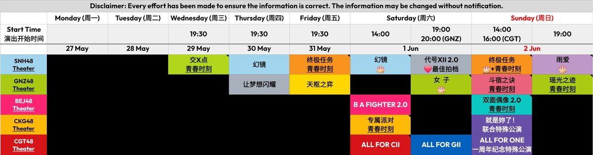 Stage performance schedule for May 29 to Jun 02
星梦剧院5月29至6月2日的公演安排

青春时刻 = Election Lapiao

For stages with a tiny note icon in the top right corner, you may refer to the Schedule Spreadsheet in my Linktree for more information.